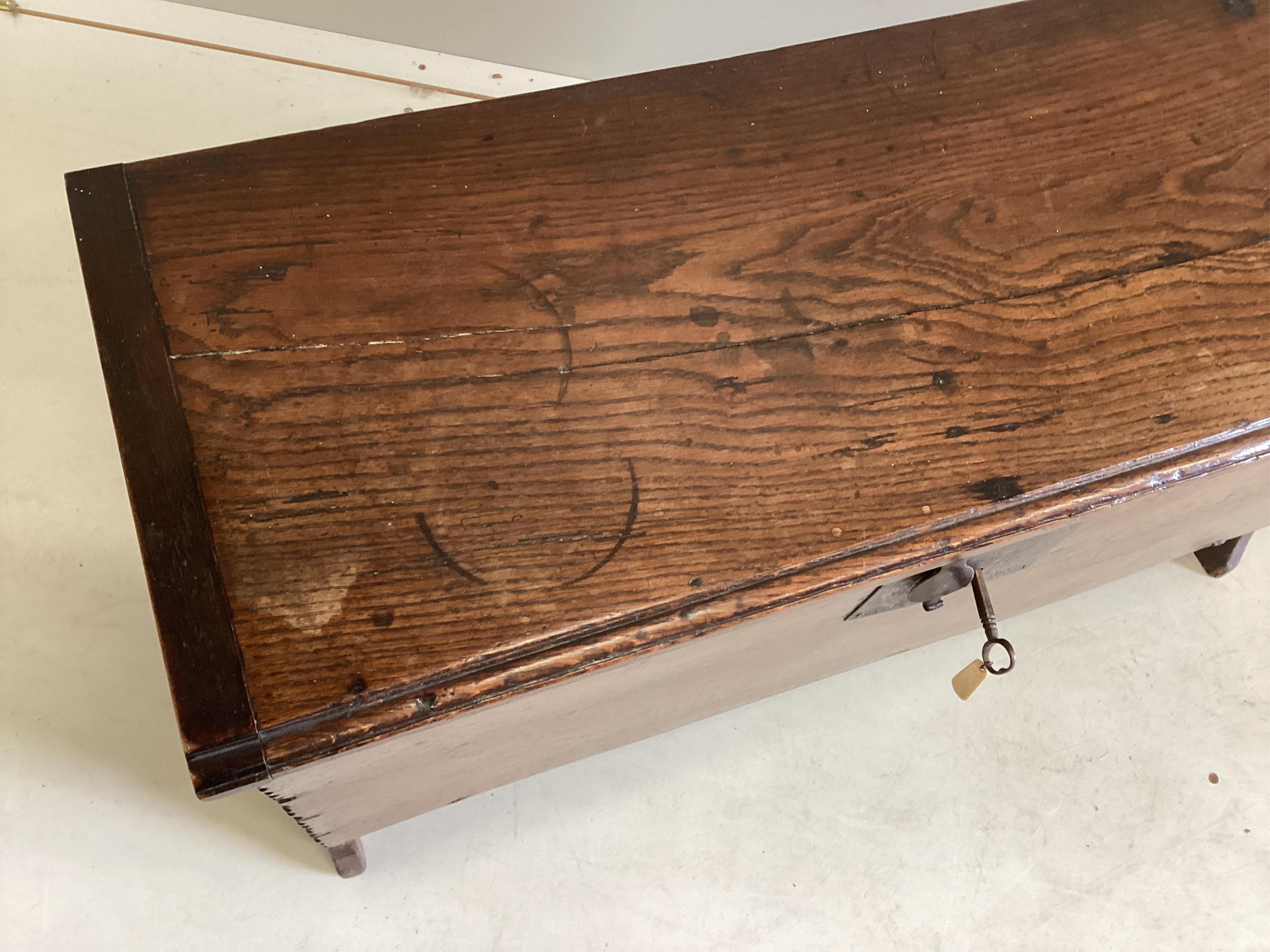 A small 18th century and later oak six plank coffer, width 86cm, depth 33cm, height 43cm. Condition - fair